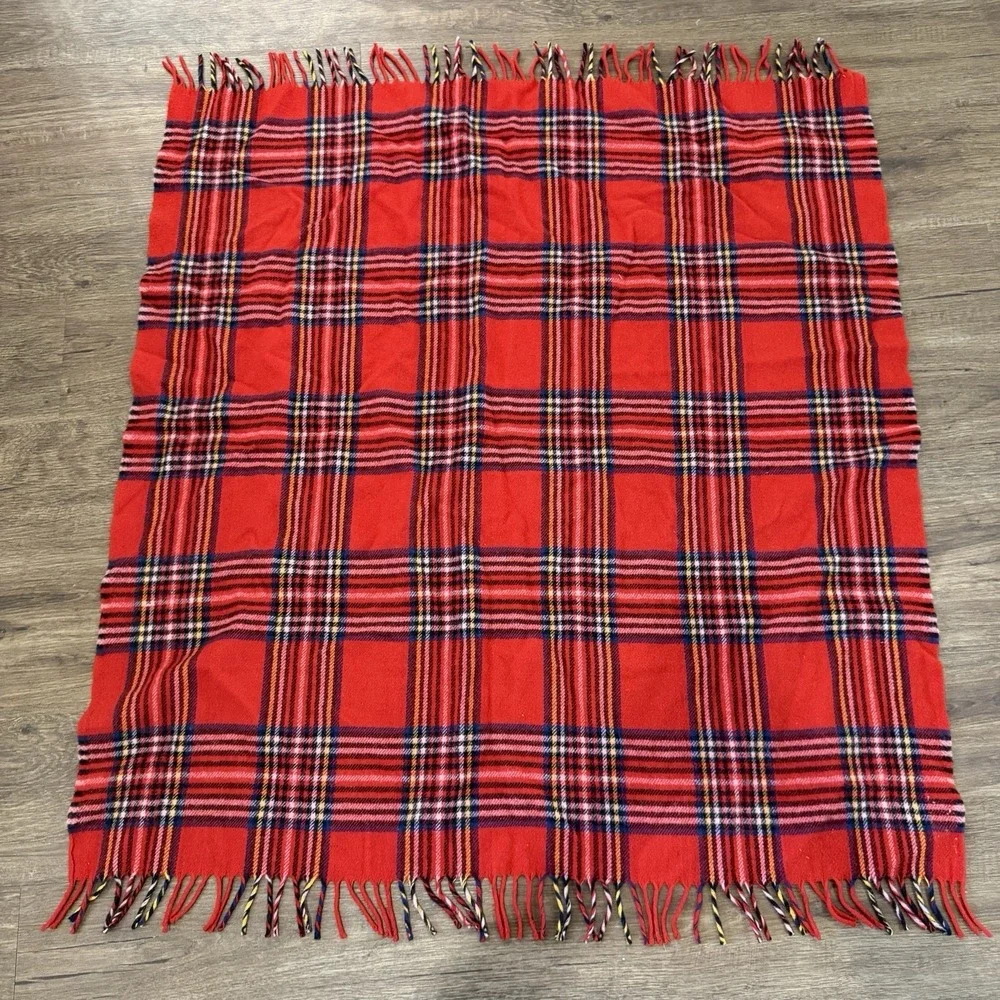 Vtg Faribo Wool Throw Blanket Faribault Woolen Mill Red Plaid Fringe Made in USA
